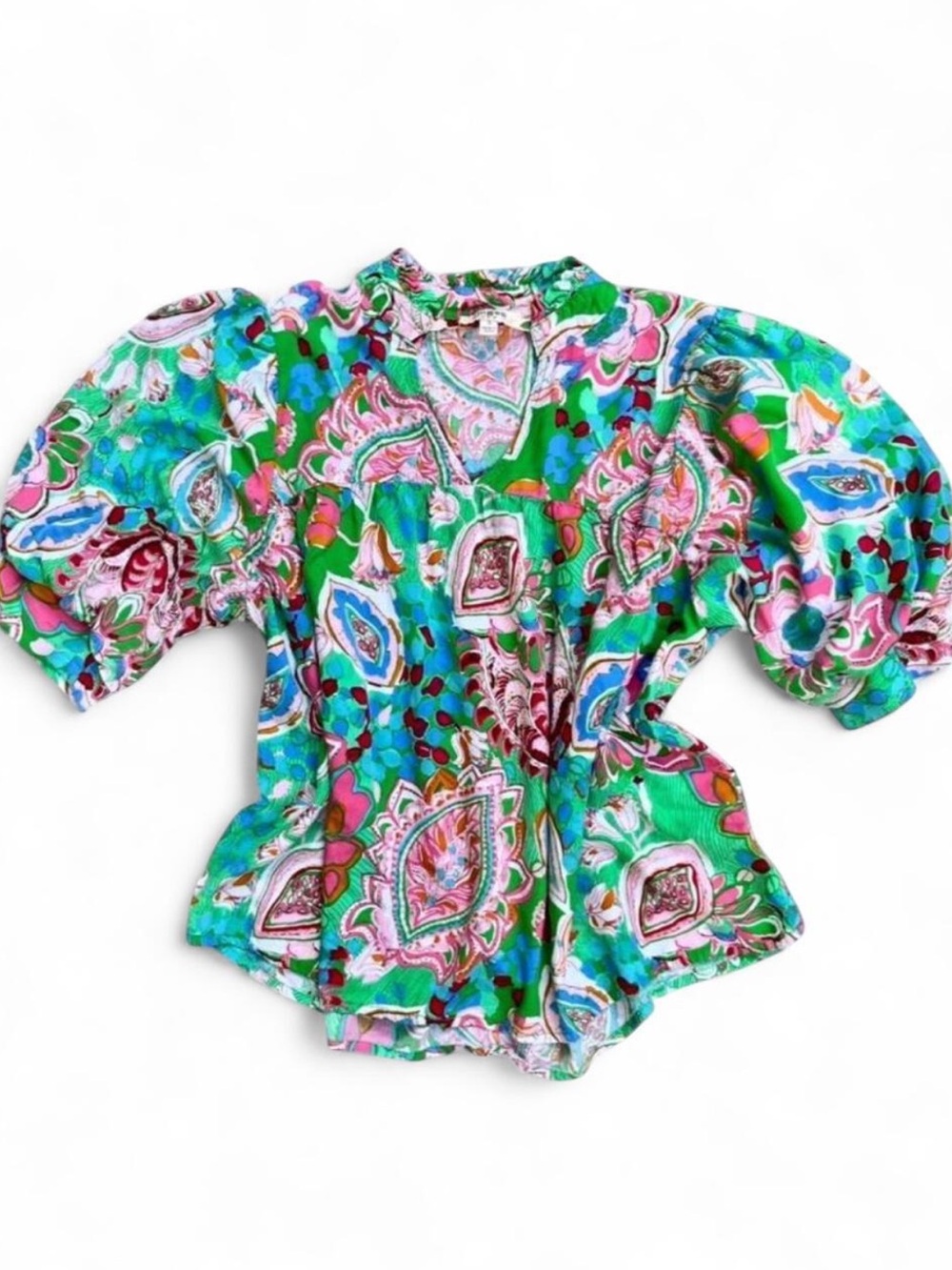 Umgee Peasant CropTop w/PuffSleeves &Neon Green Blue Pink Floral Paisley Accents